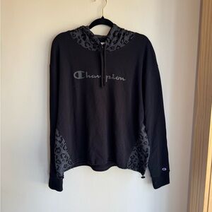 Champion Black Hoodie with Leopard Accents Fall Essential Size Large